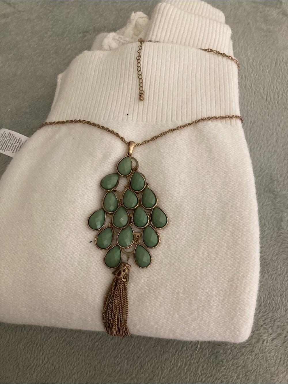 Gold-Tone Green Teardrop Cluster Tassel Necklace - Women Jewelry